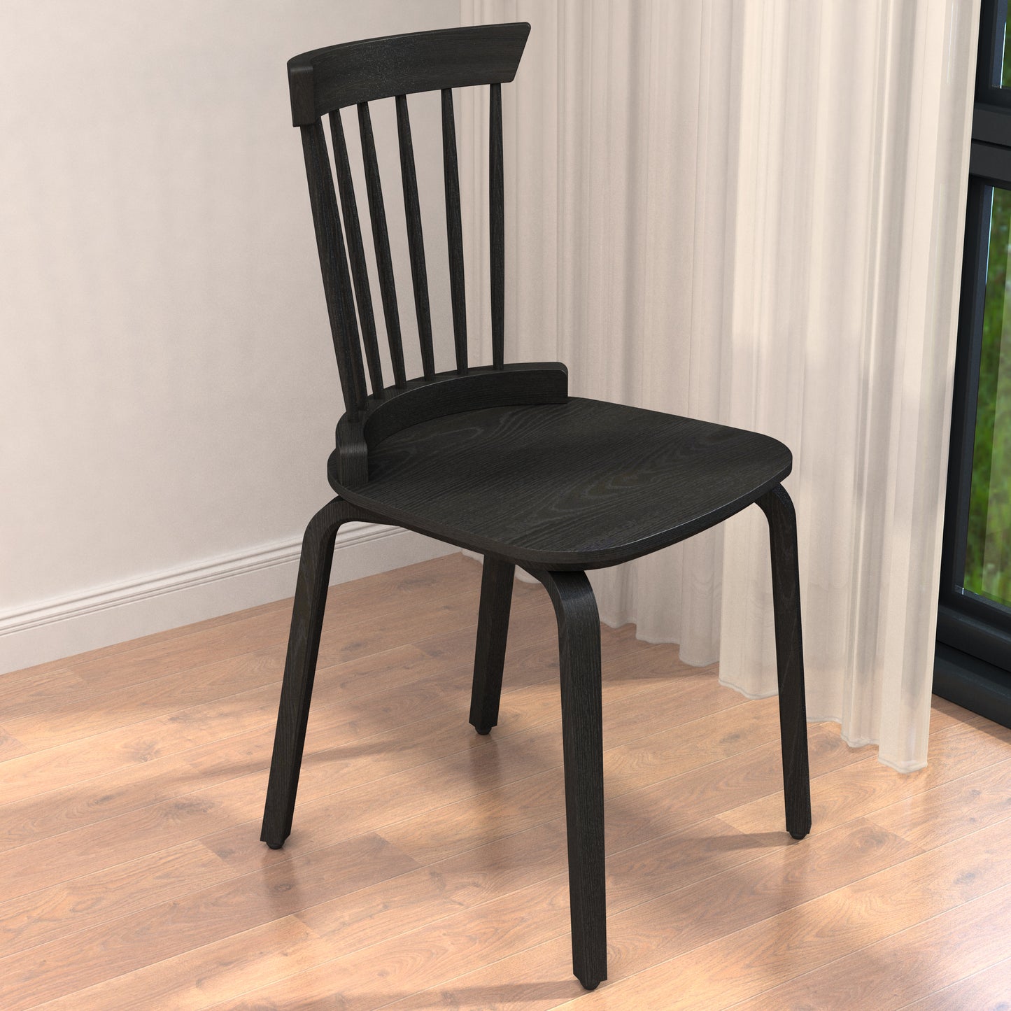 Black wooden spindle back chair with curved seat
