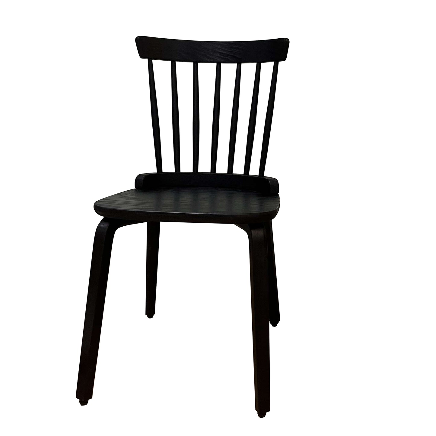 Black wooden Windsor chair with spindle back and curved seat