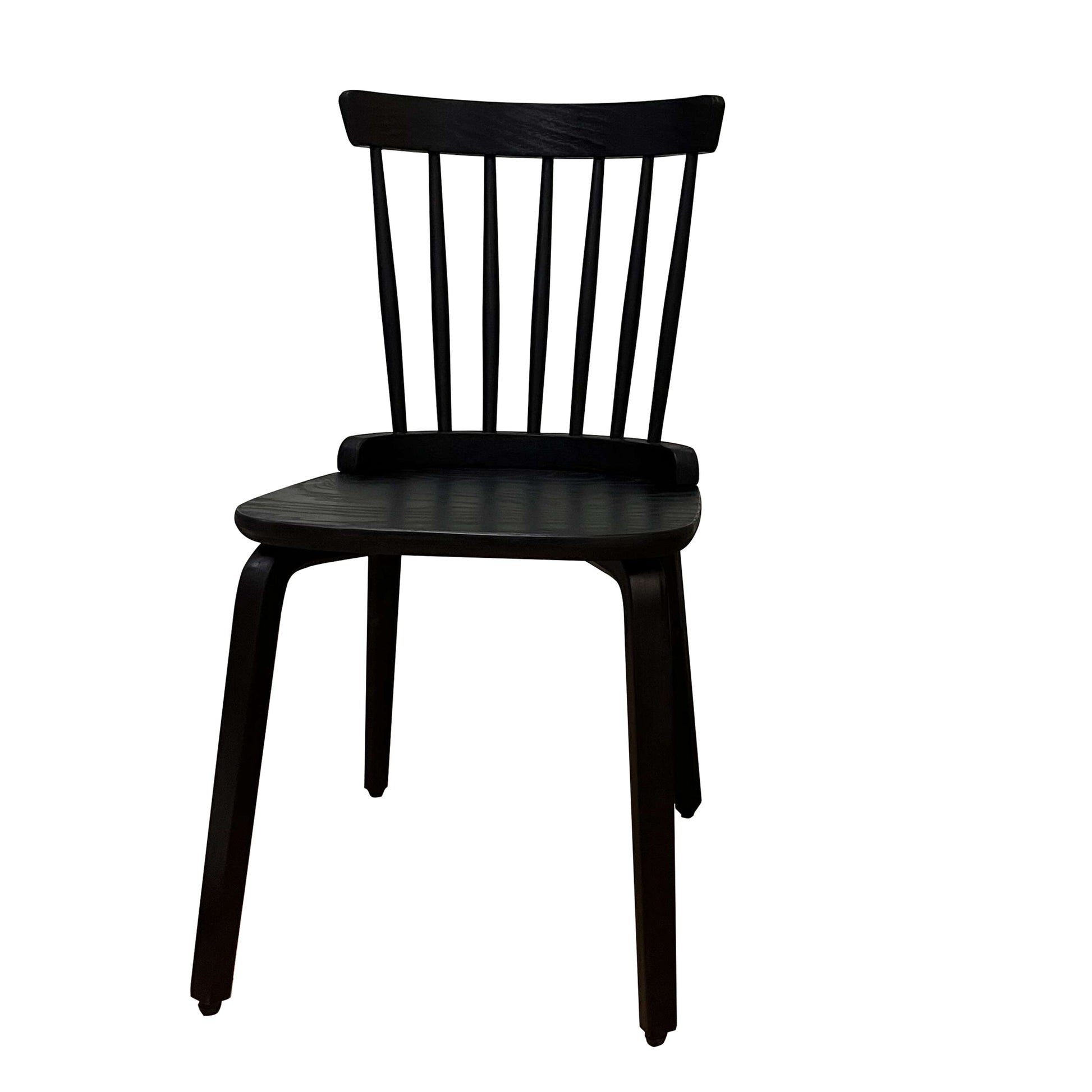Black wooden Windsor chair with spindle back and curved seat