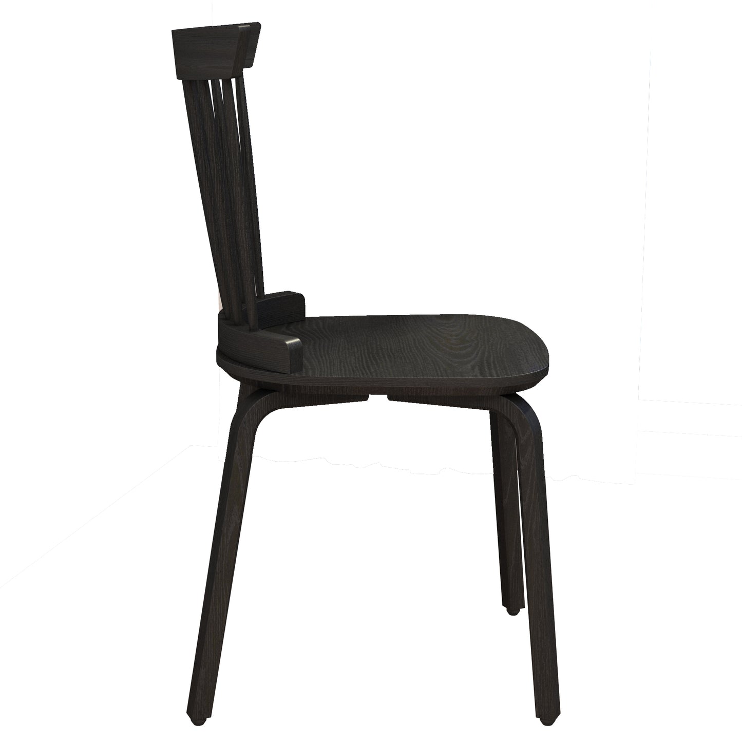 Dark wood dining chair with curved seat and slatted back