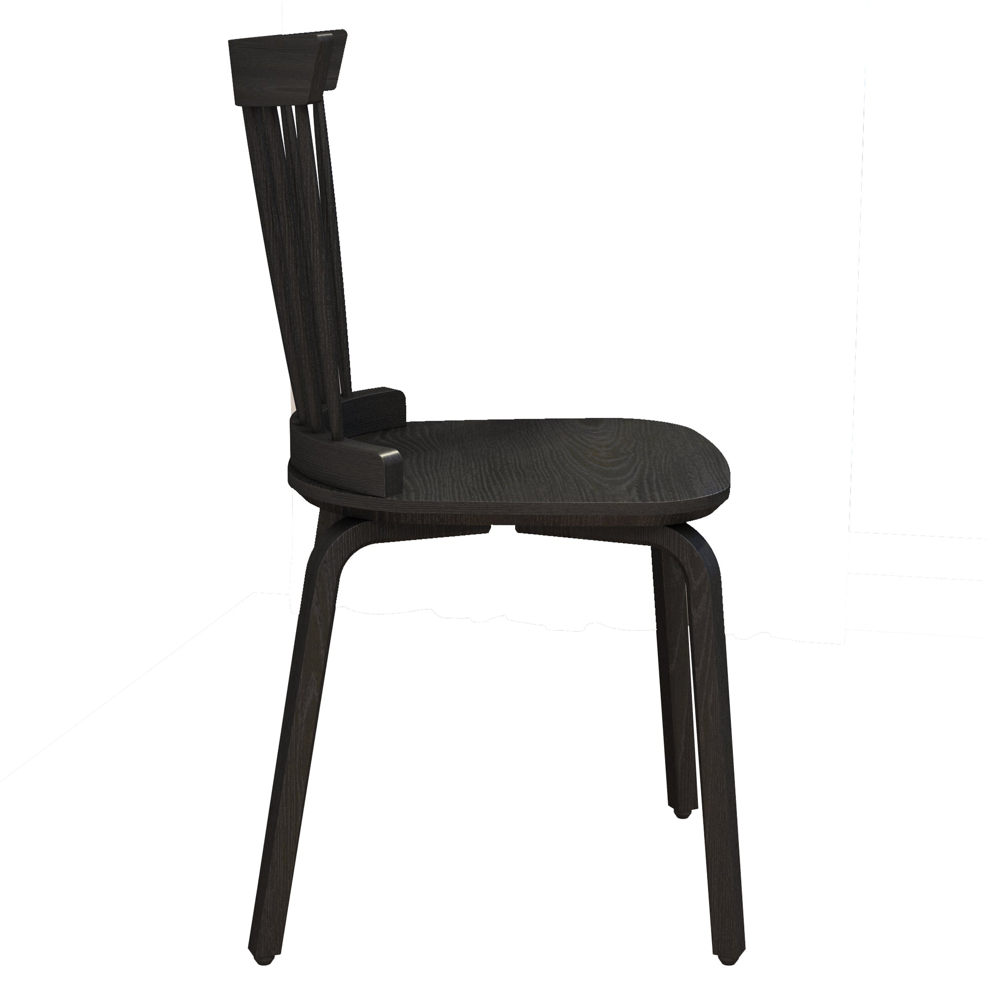 Dark wood dining chair with curved seat and slatted back