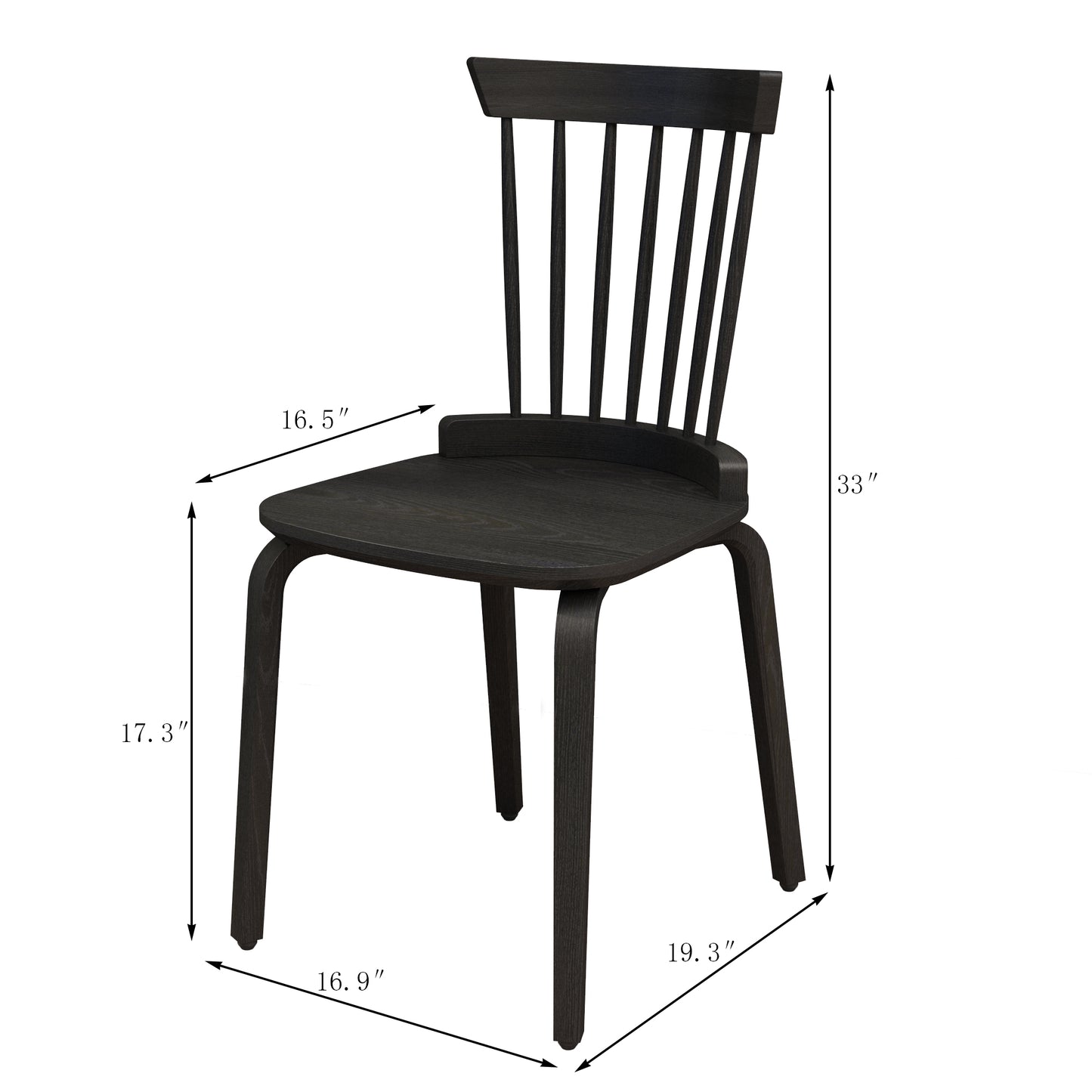 Dark wood dining chair with spindle back and curved seat