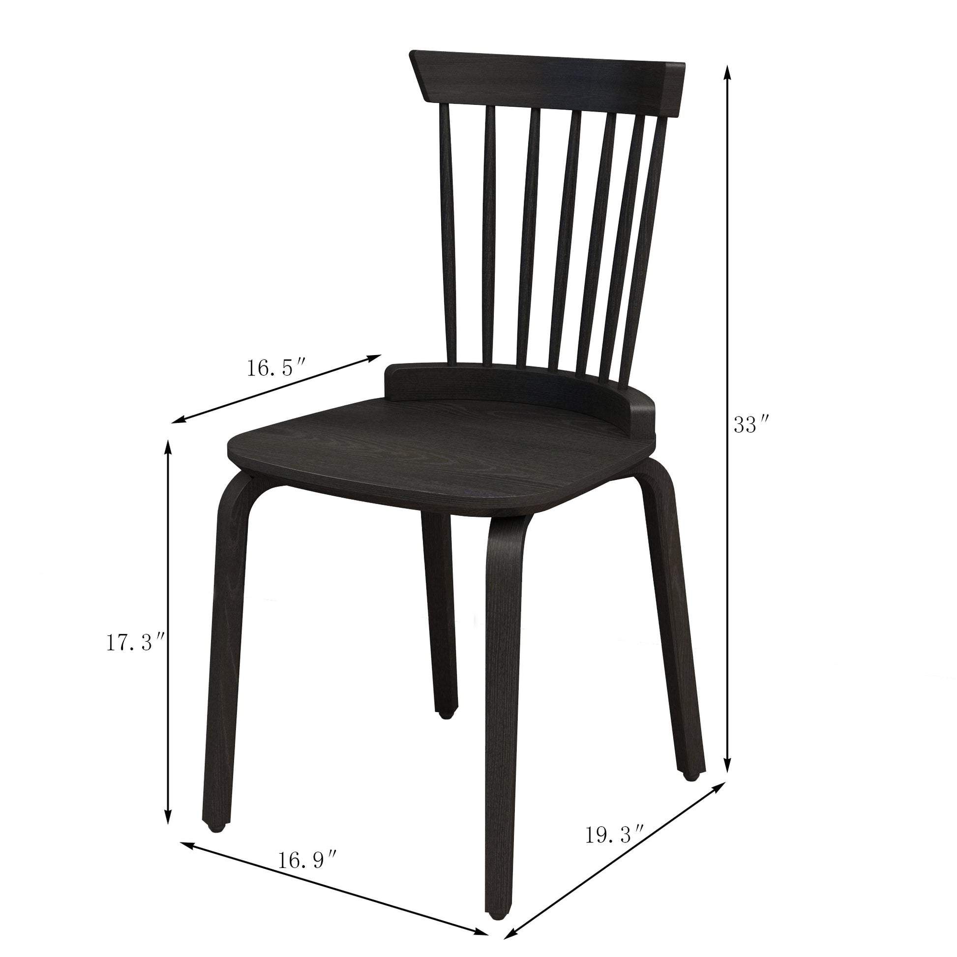 Dark wood dining chair with spindle back and curved seat