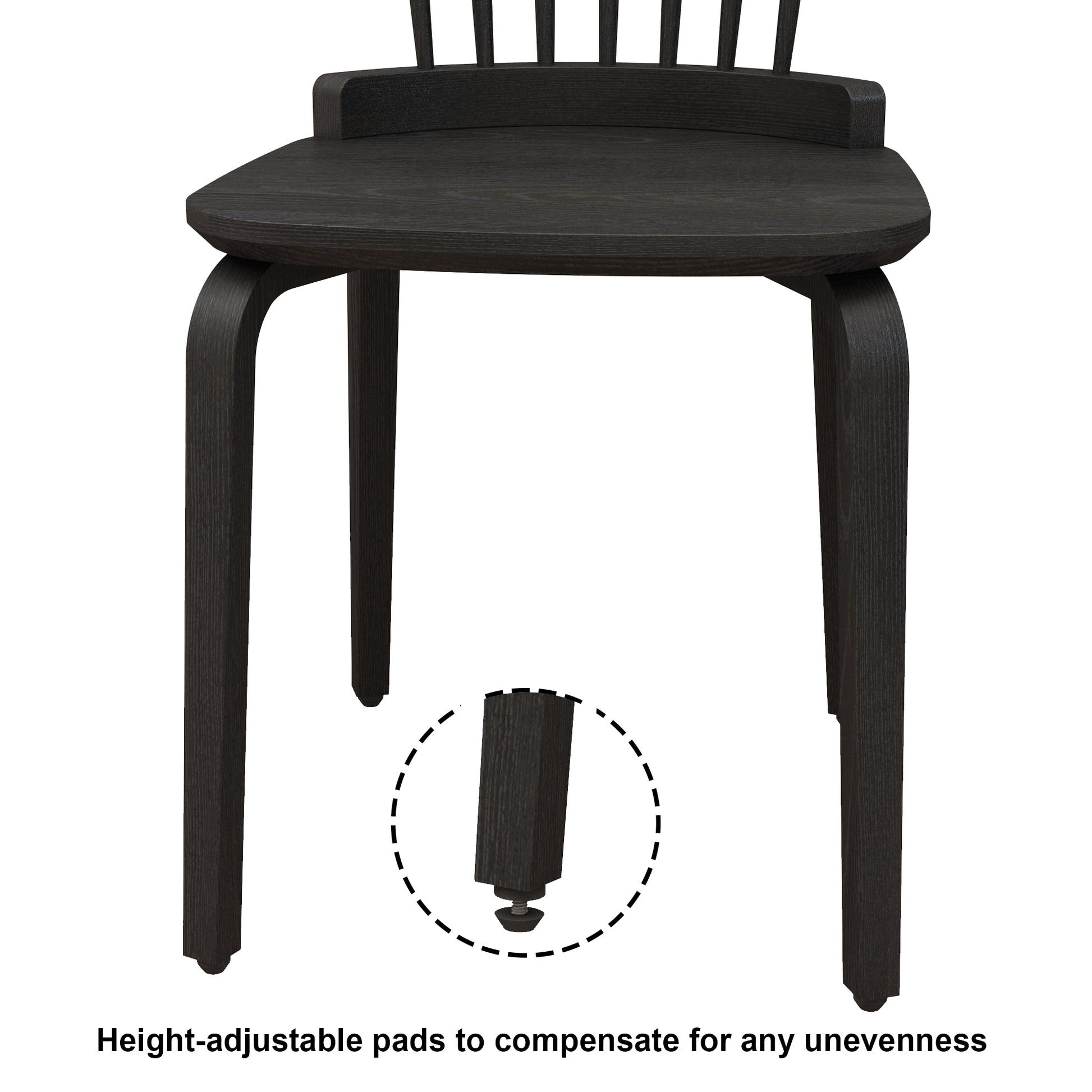 Dark wood dining chair with spindle back and adjustable feet