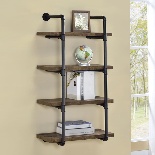 Rustic industrial pipe shelf unit with four distressed wood shelves