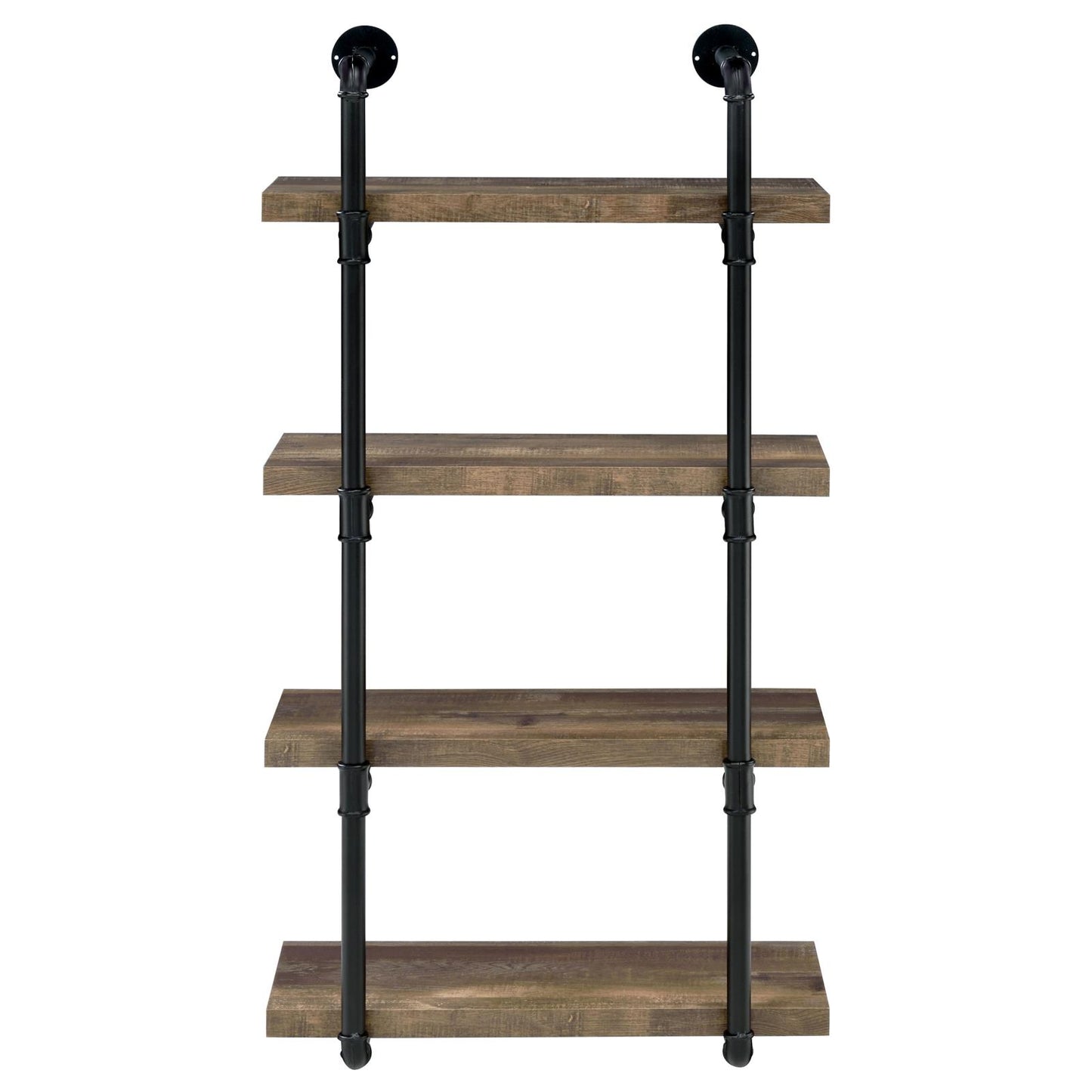 Rustic wood industrial pipe shelf with four tiers and black metal frame