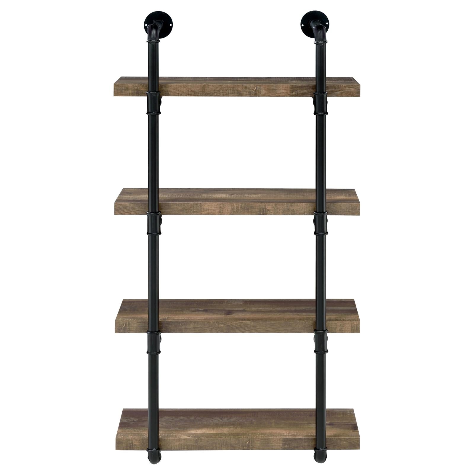 Rustic wood industrial pipe shelf with four tiers and black metal frame
