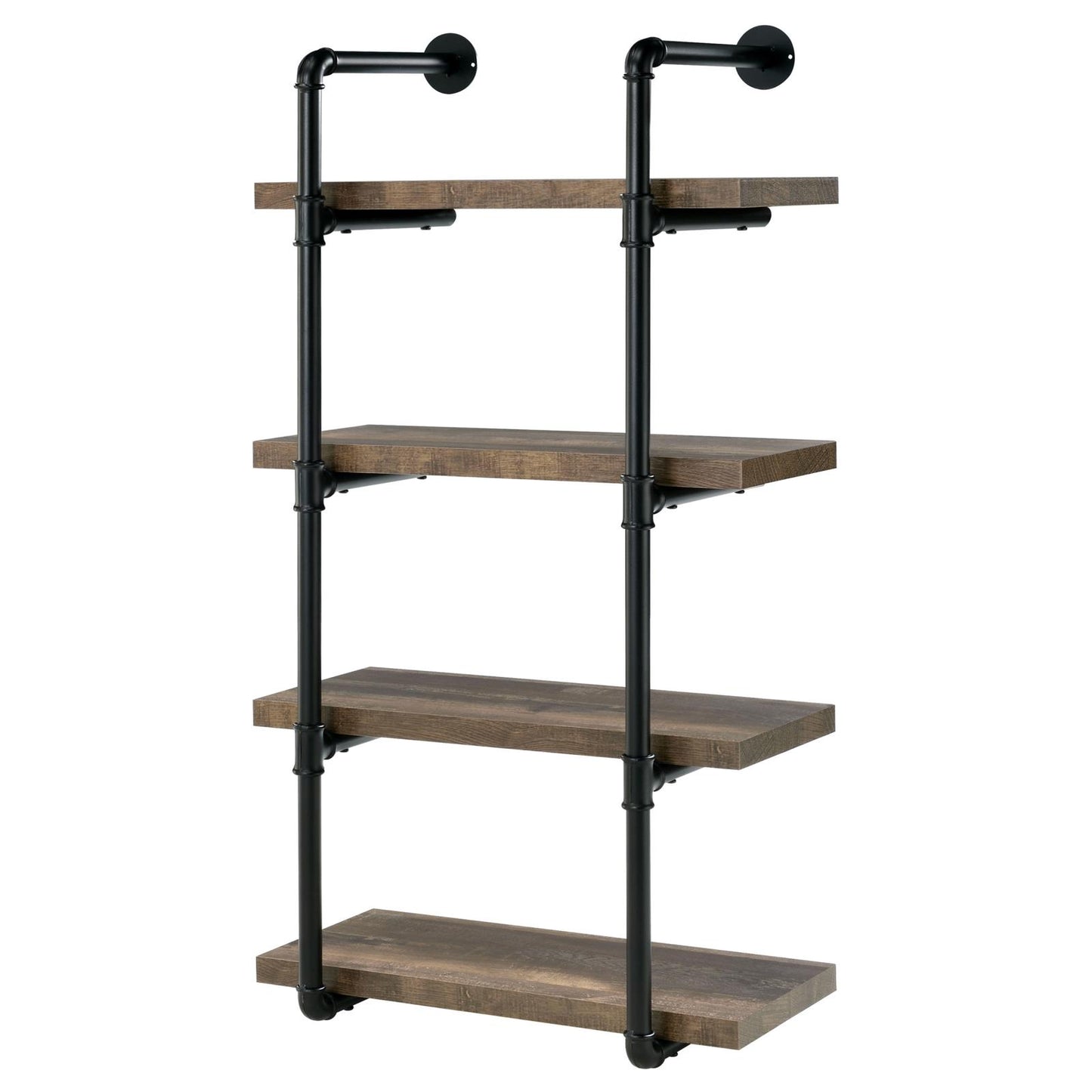 Fourtier industrial pipe shelf with dark wood planks