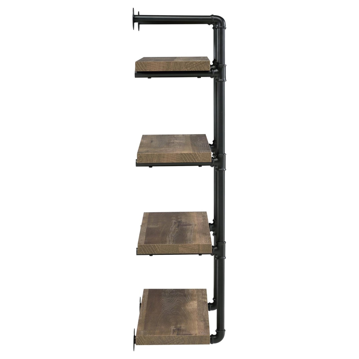 Industrial pipe shelving unit with four rustic wood shelves