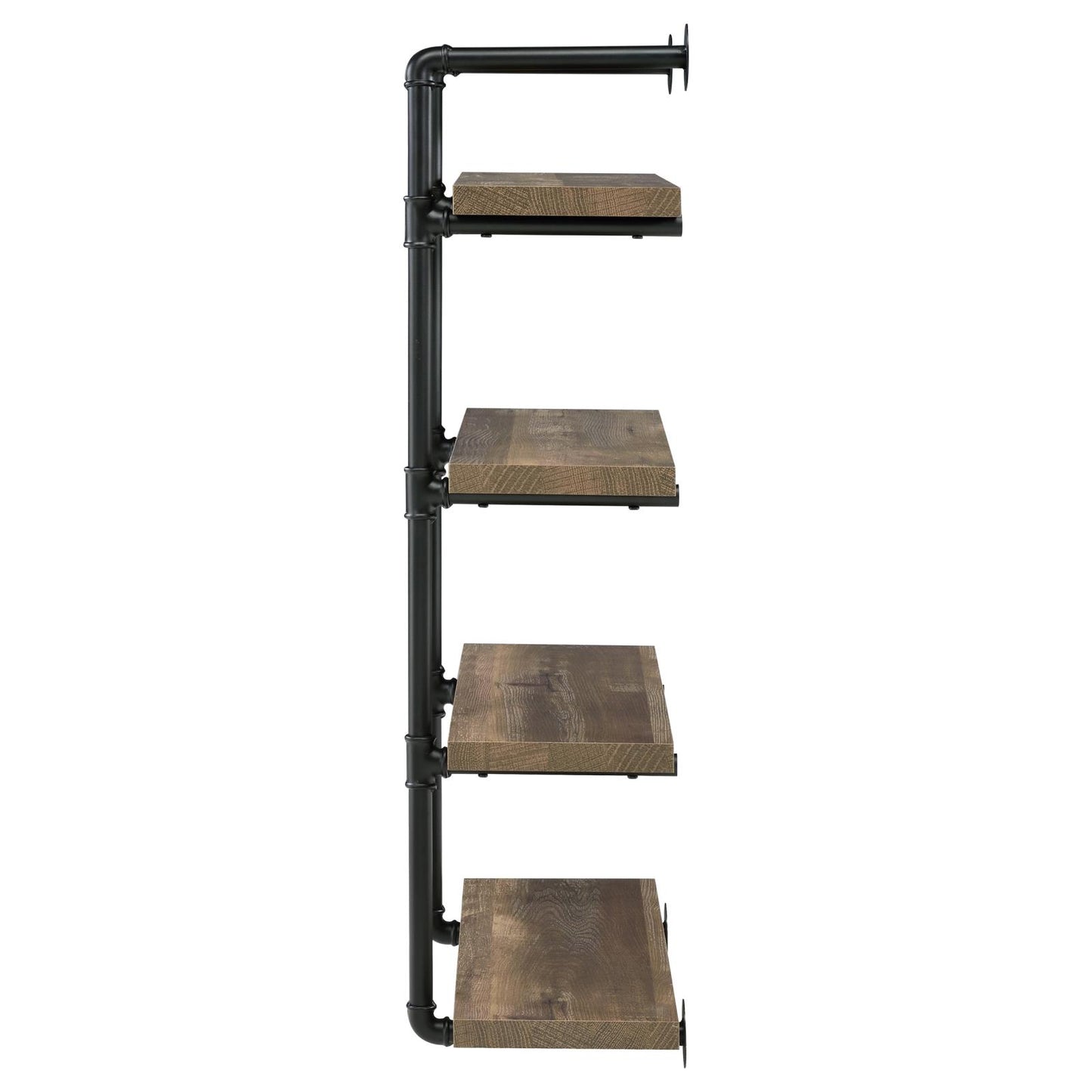 Industrial pipe shelf with four distressed wood planks and black metal frame