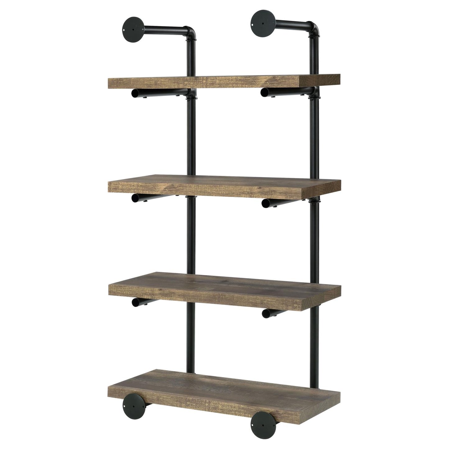 Rustic industrial pipe shelf with four wooden planks and black metal frame