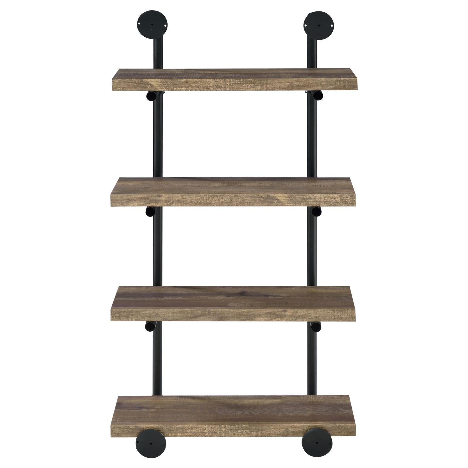 Rustic brown tier industrial pipe shelf with distressed wood