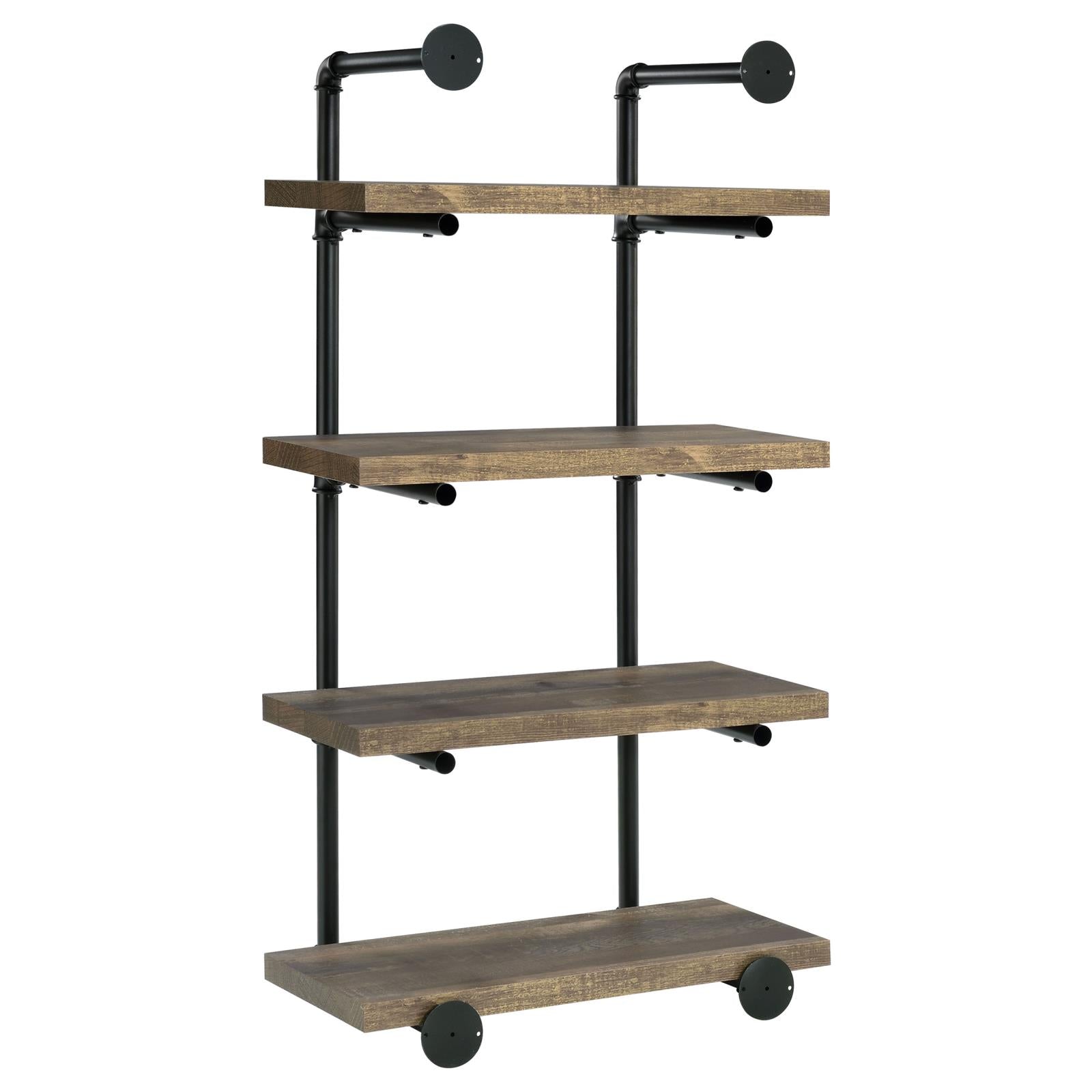 Industrial pipe shelf with four distressed wood planks