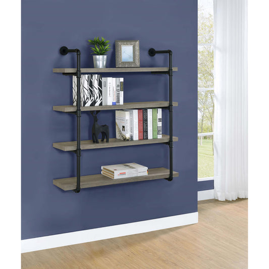 Rustic wood pipe shelf with black metal accents