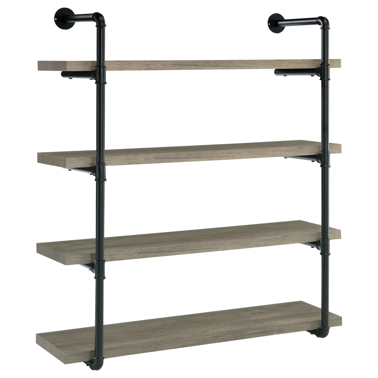 Industrial pipe shelf with four grey wood planks