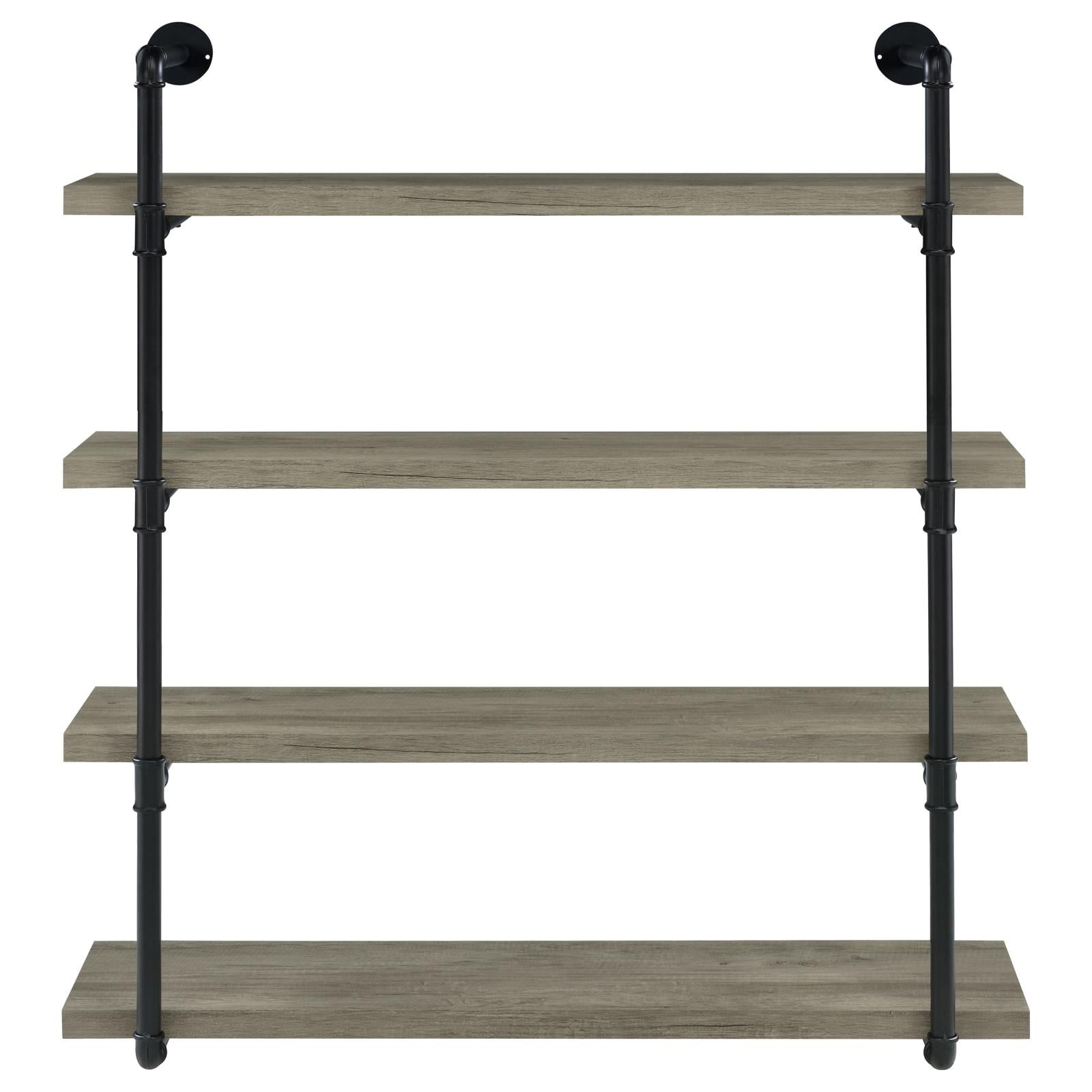Industrial pipe shelf with four grey woodlook shelves