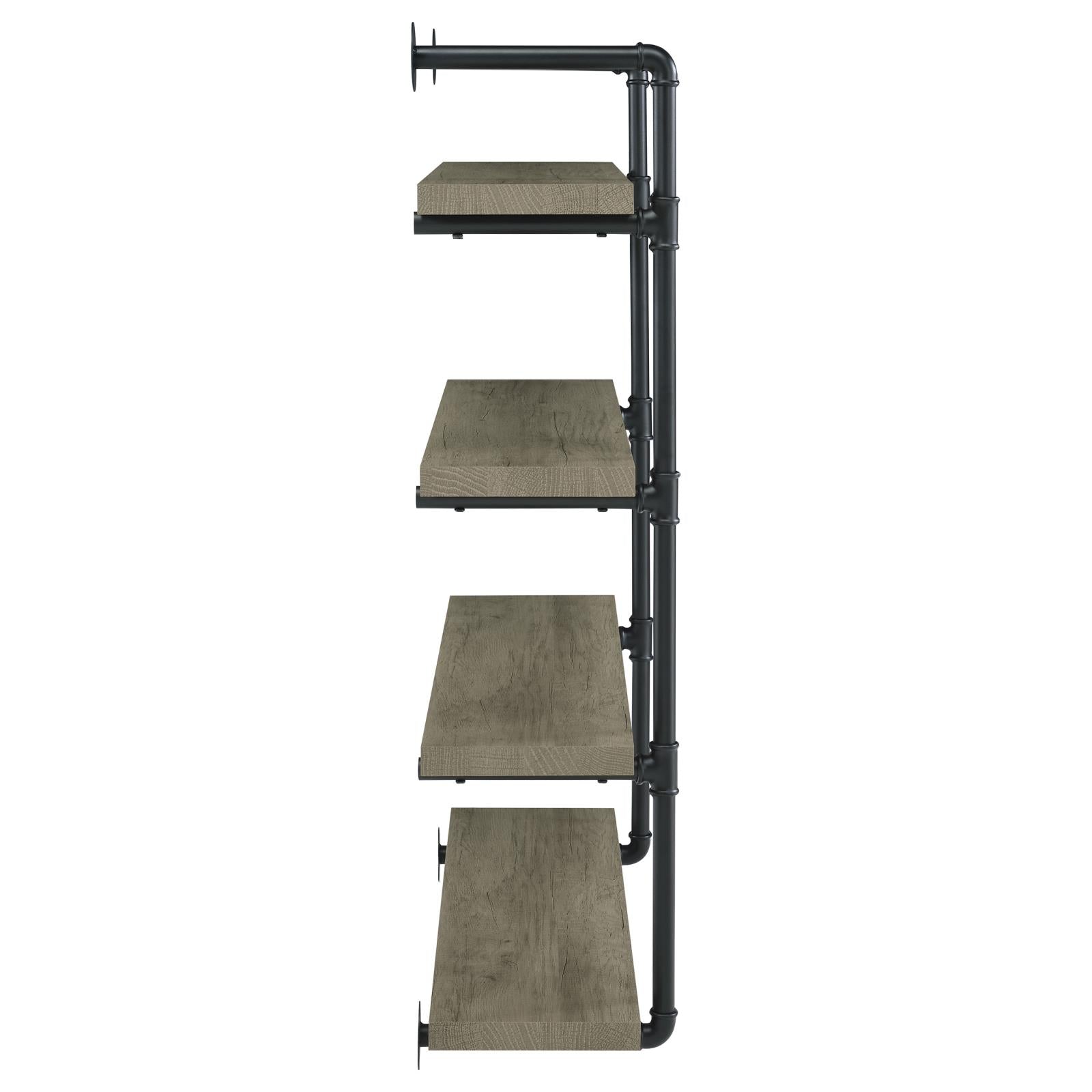 Industrial pipe shelf with four grey wood planks