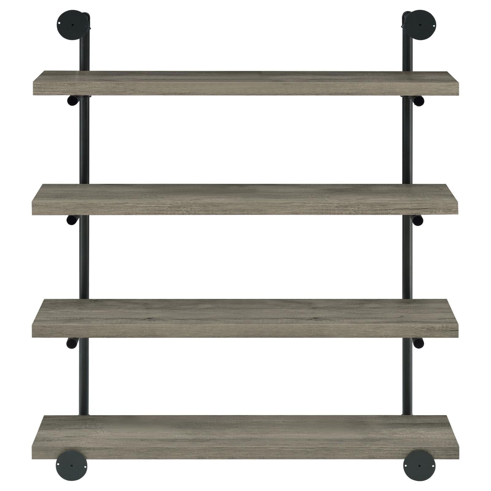 Rustic gray wood fourtier wall shelf with industrial black metal pipe frame