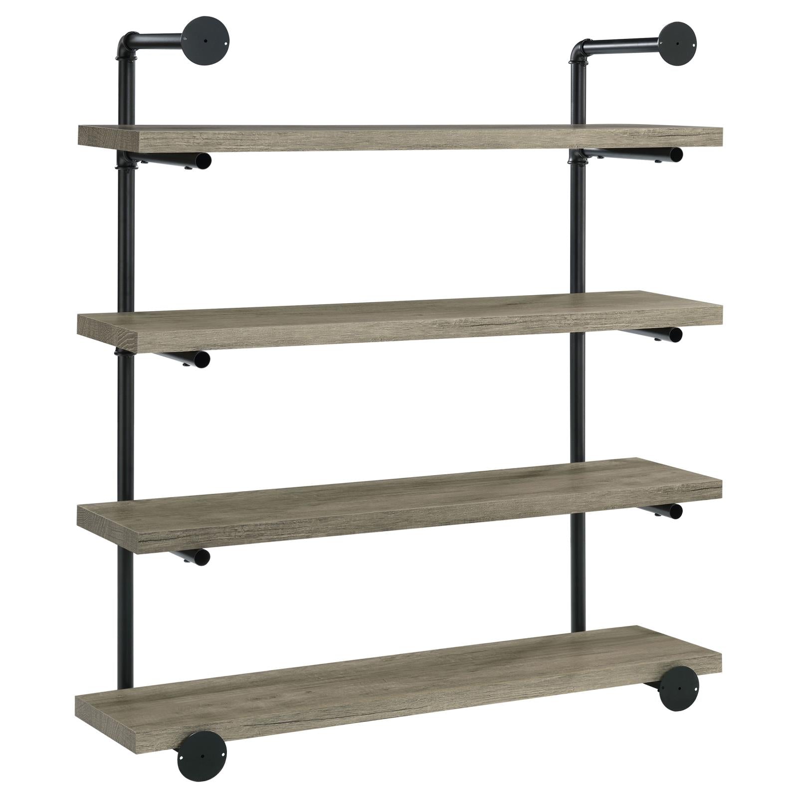 Industrial pipe shelf with four grey wood planks and black metal frame