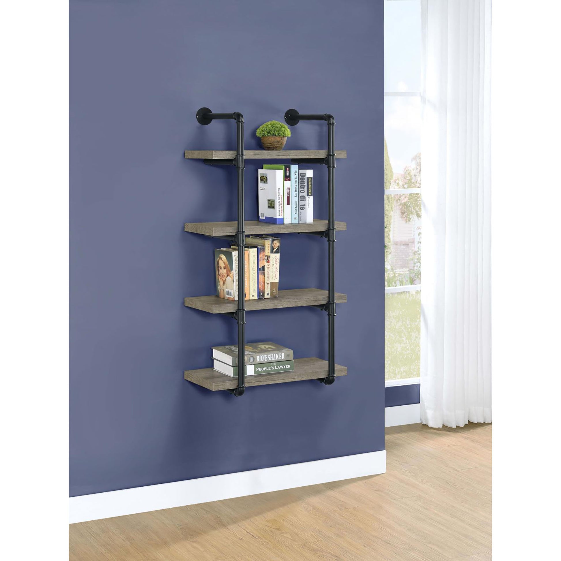 Industrial pipe shelf with four weathered wood shelves and black pipe supports