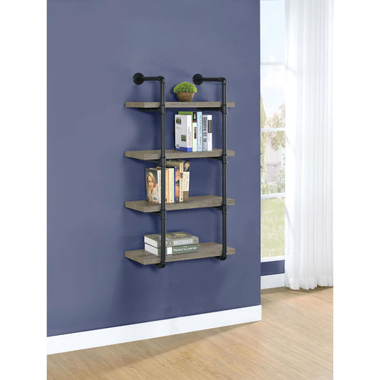 Industrial pipe shelf with four weathered wood shelves and black pipe supports
