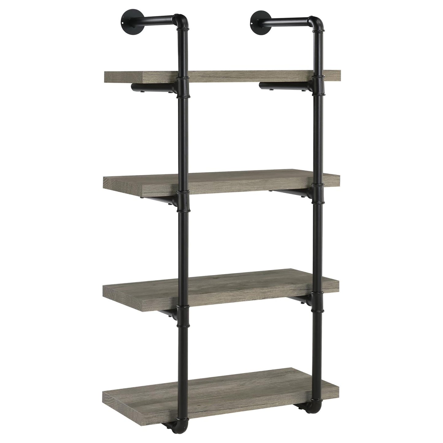 Industrial pipe shelf with four distressed wood planks