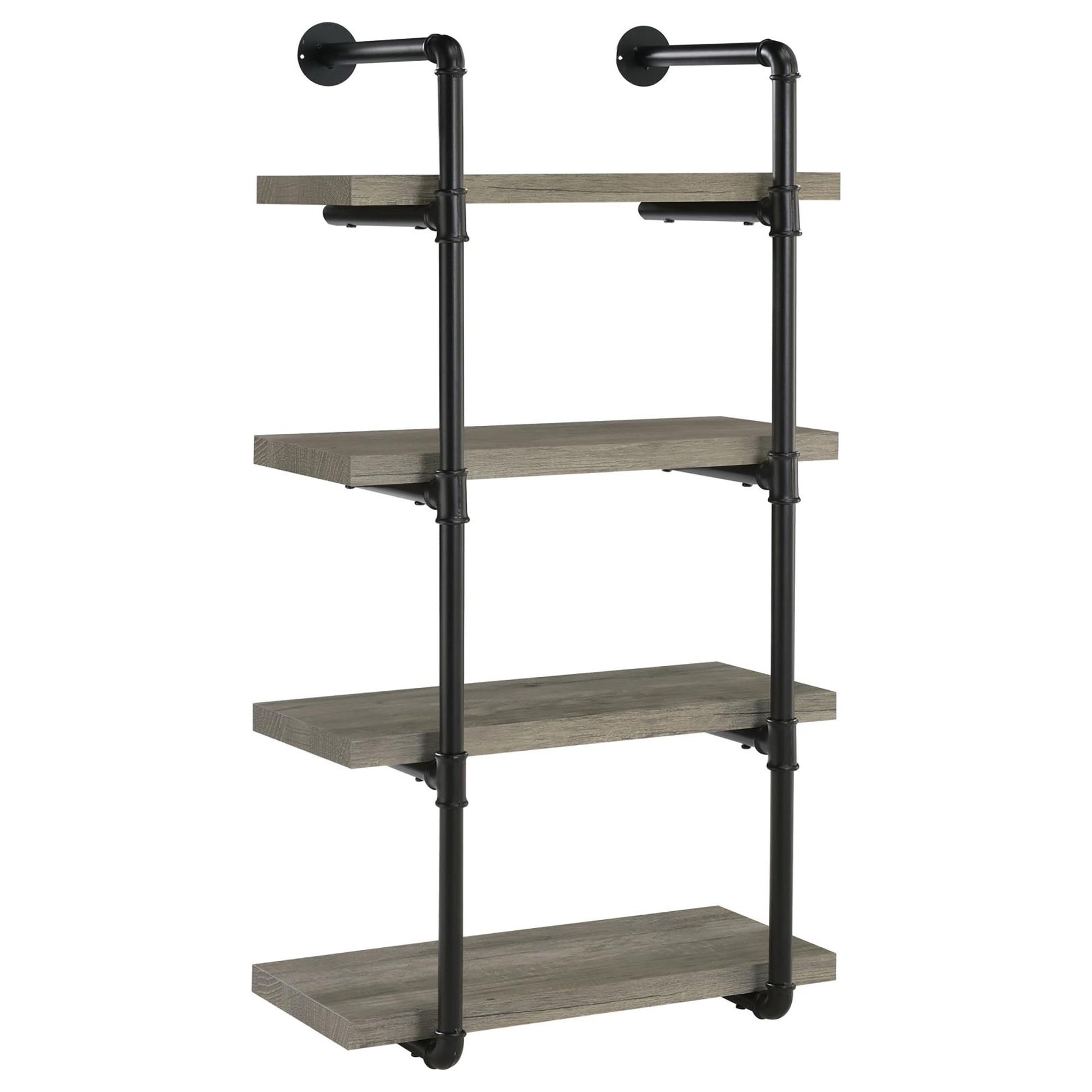 Industrial pipe shelf with four distressed wood planks
