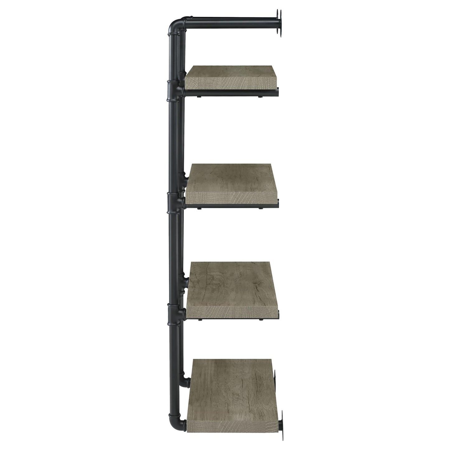 Industrial pipe shelf unit with four rustic wood shelves