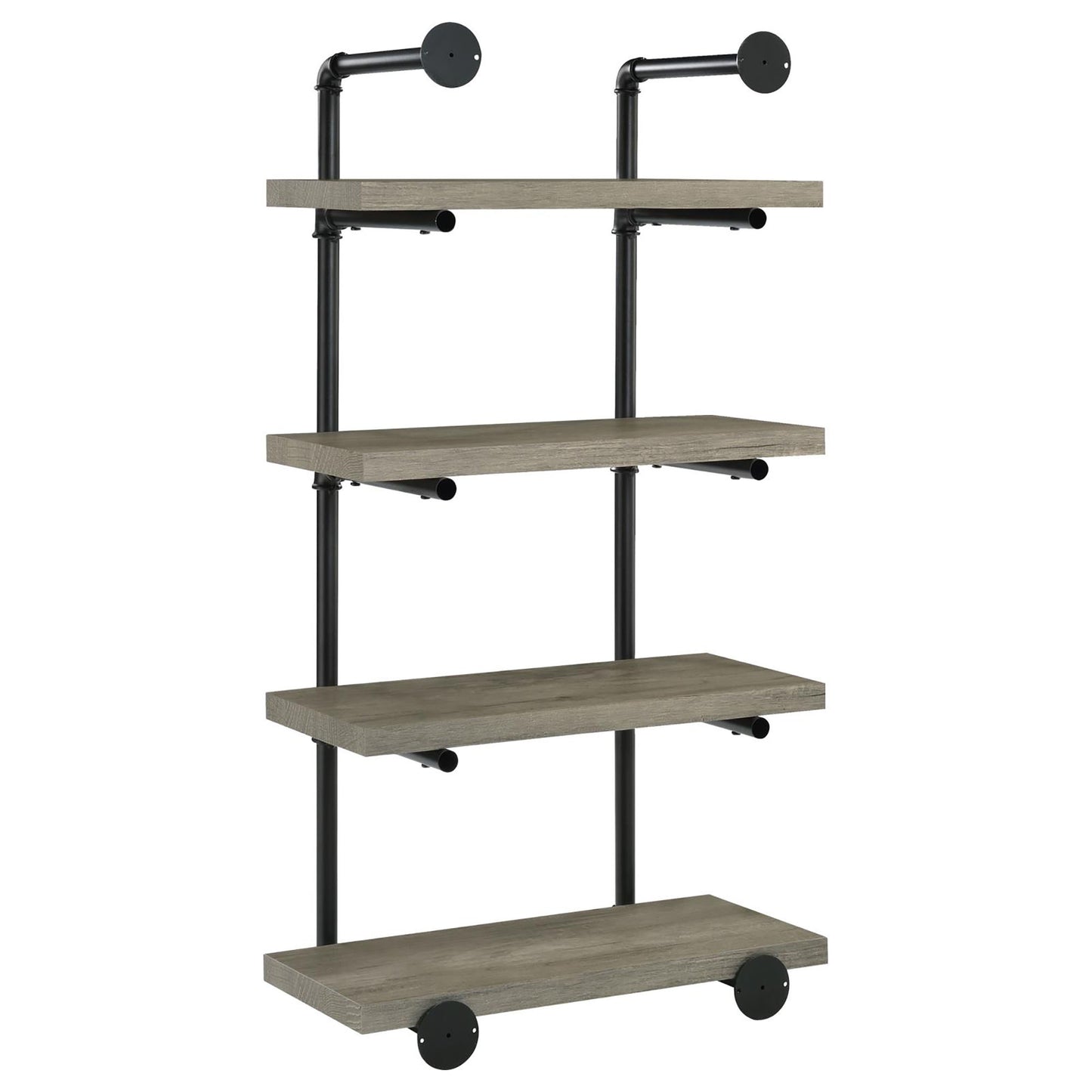 Rustic gray wood pipe shelf with four tiers