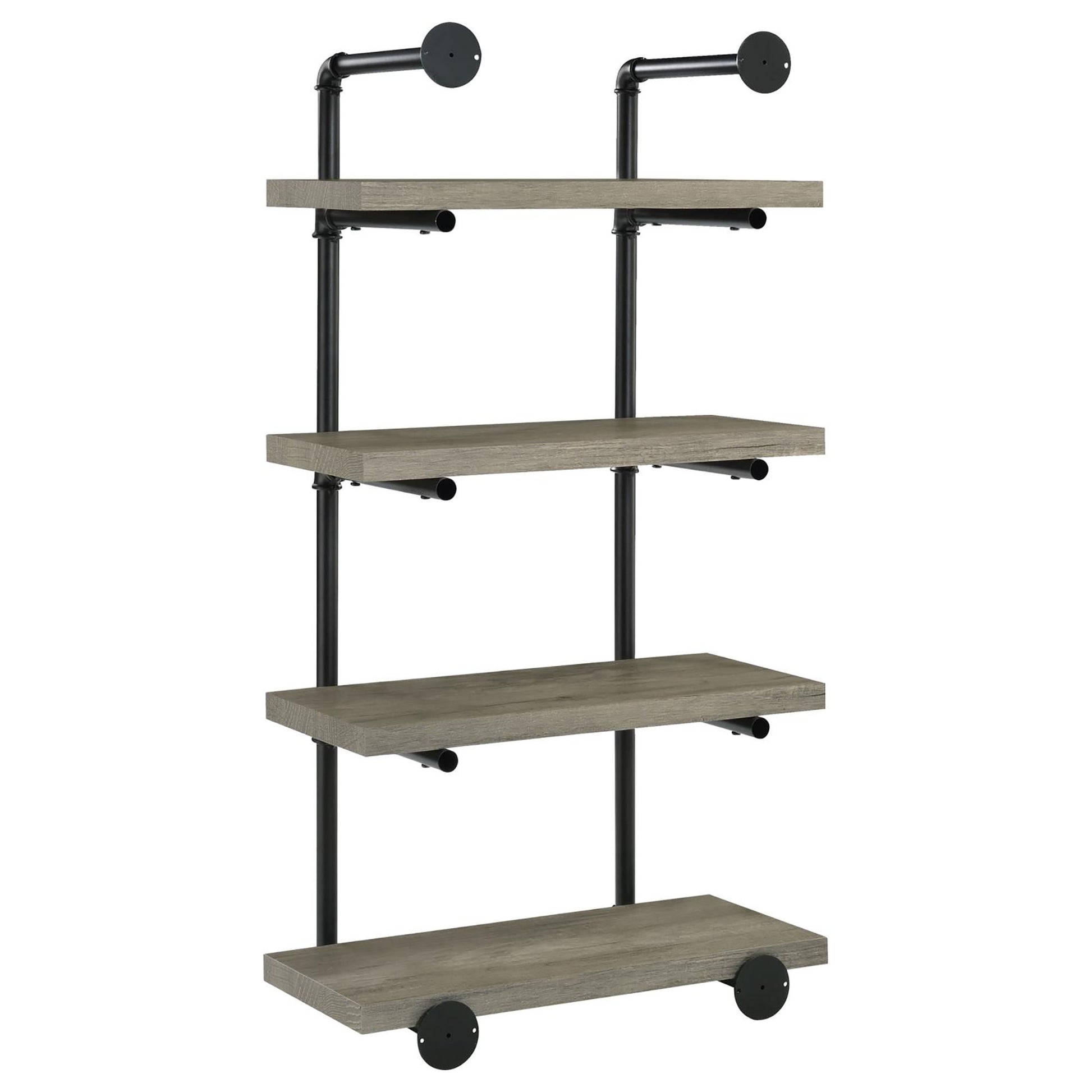 Rustic gray wood pipe shelf with four tiers