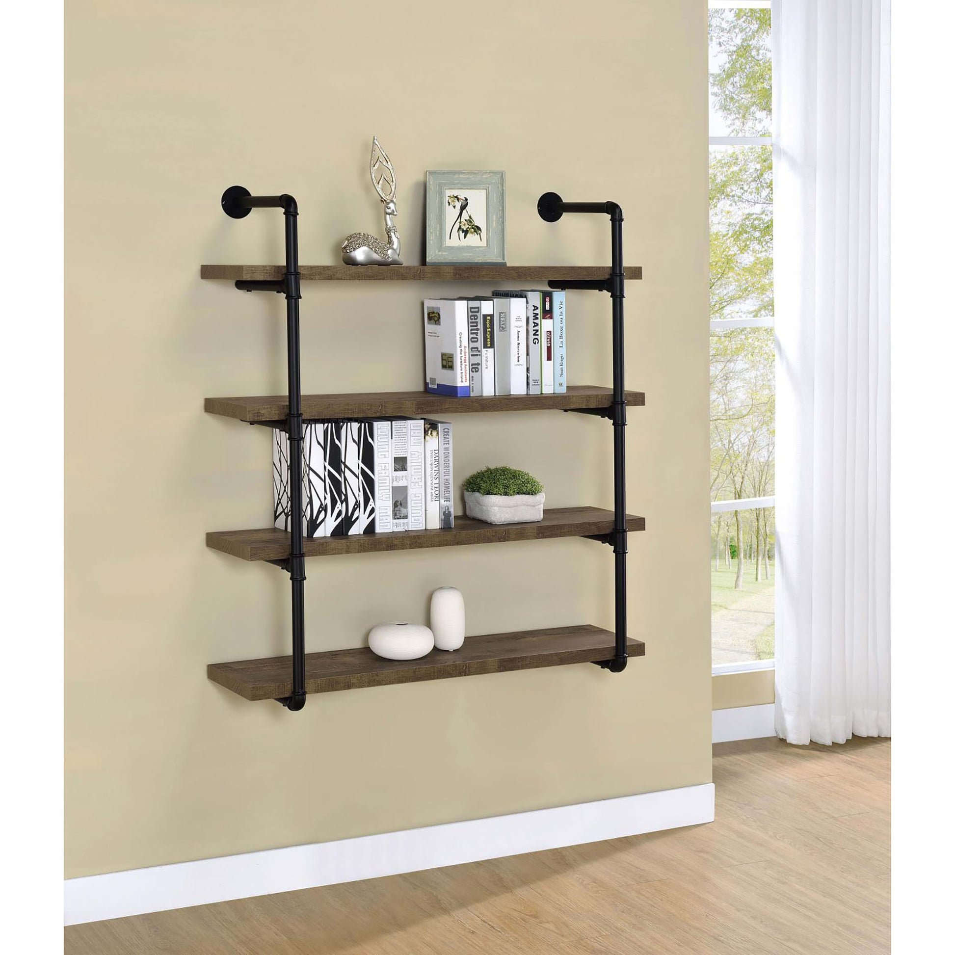 Rustic pipe shelf with three reclaimed wood shelves and black metal pipe supports