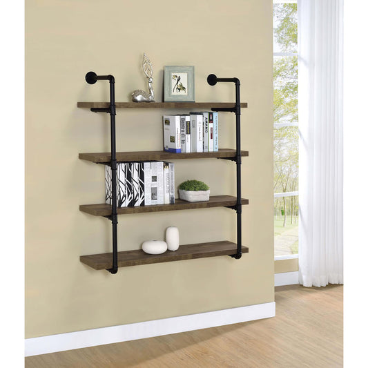 Rustic pipe shelf with three reclaimed wood shelves and black metal pipe supports