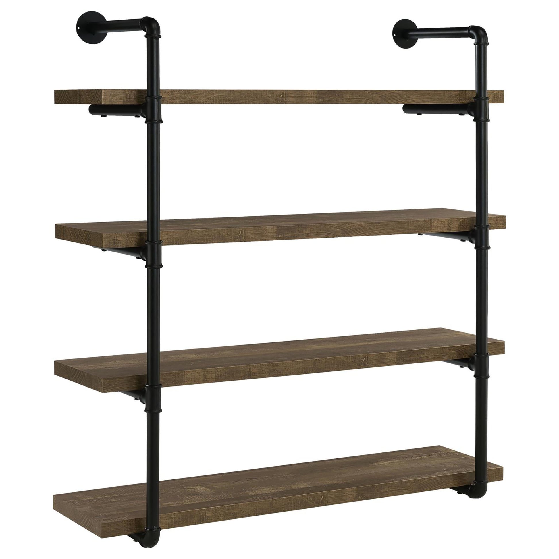 Industrial pipe shelf with four rustic wood planks