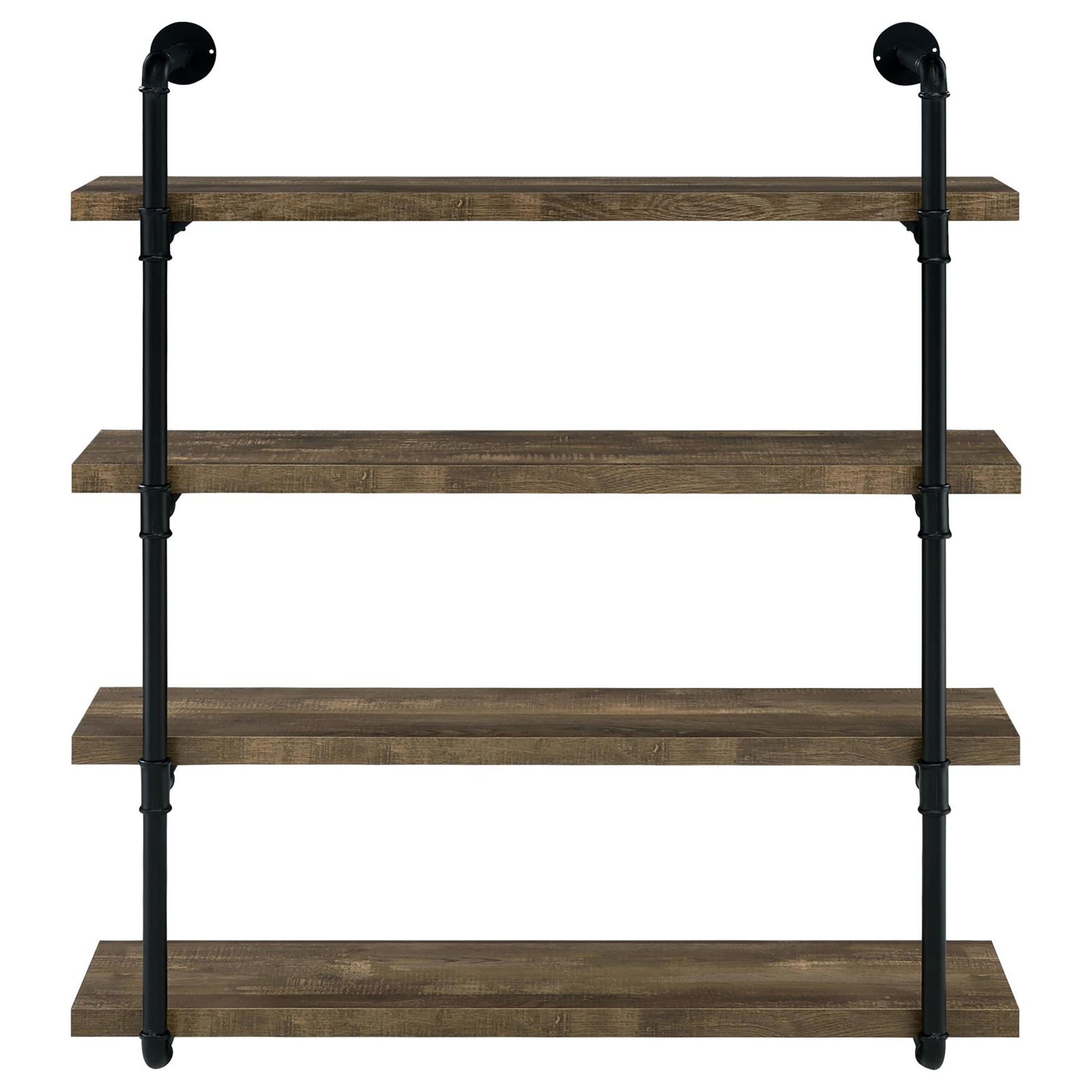 Rustic brown wood pipe shelf with four tiers and black metal supports