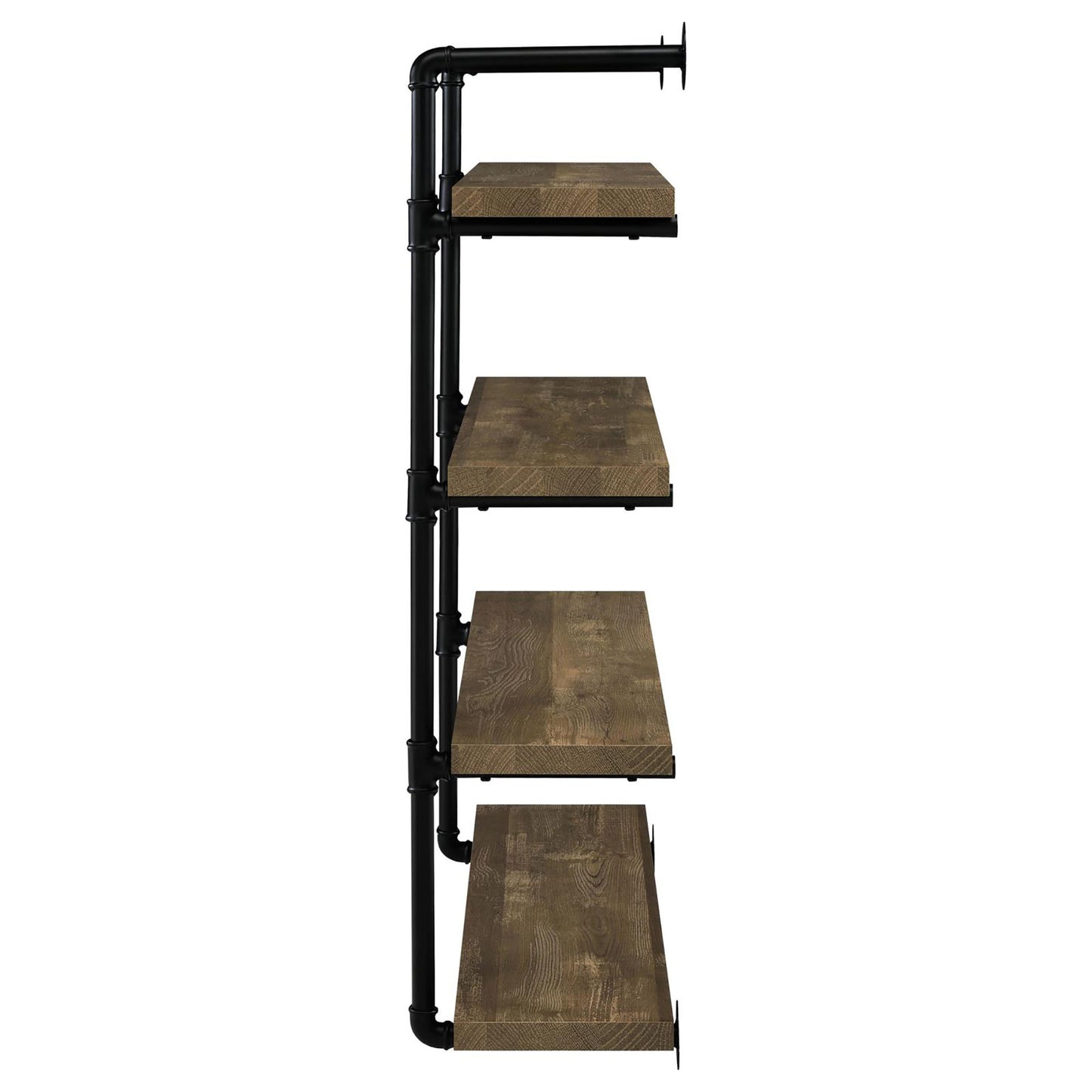 Industrial pipe shelving unit with four distressed wood shelves