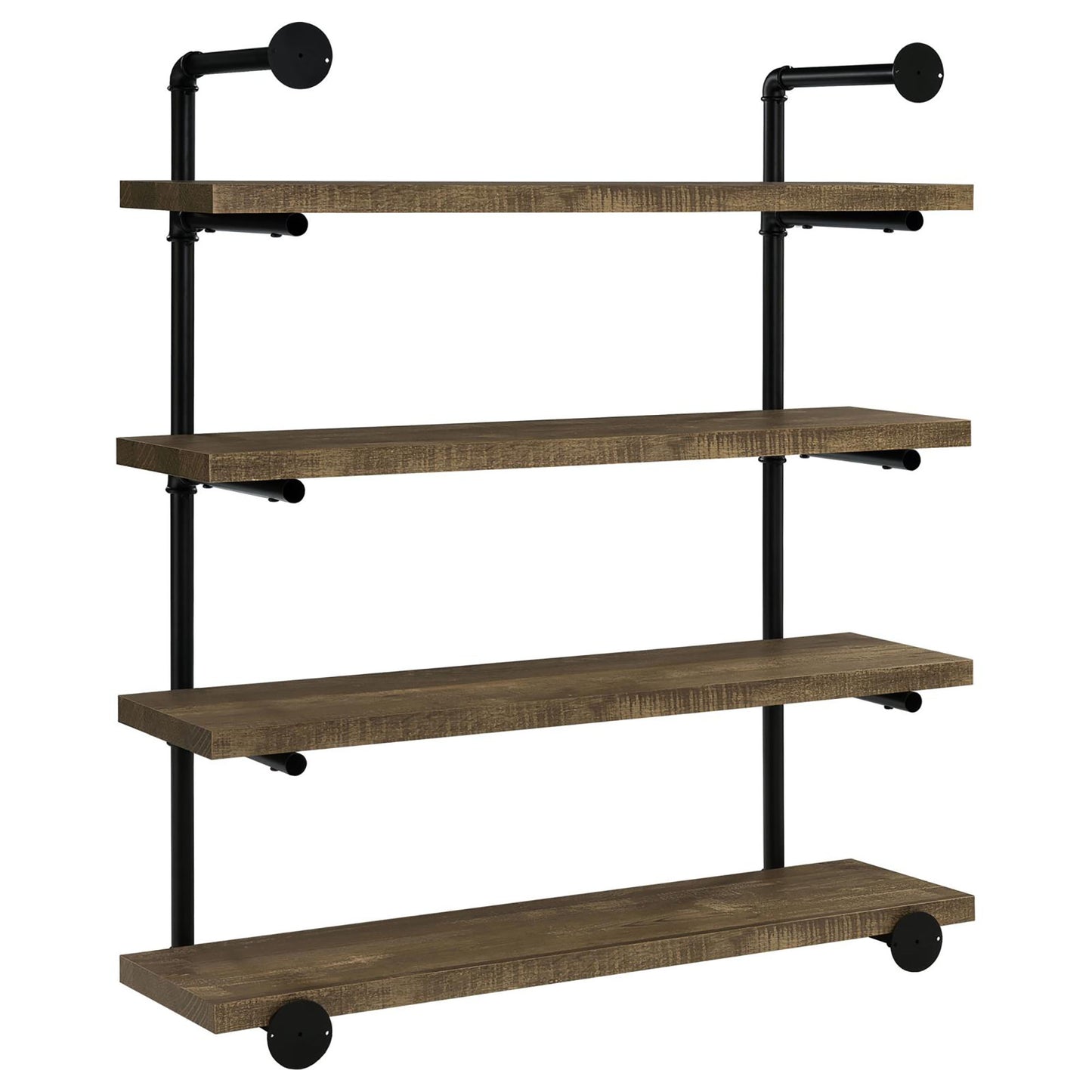 Industrial pipe shelf with four distressed wood planks