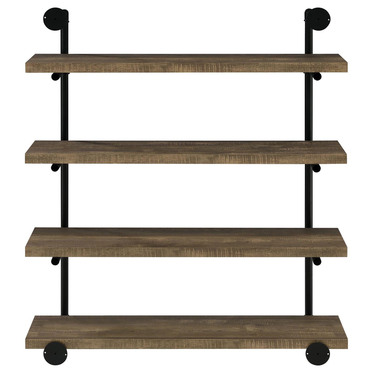 Industrial pipe shelf with four rustic wood planks