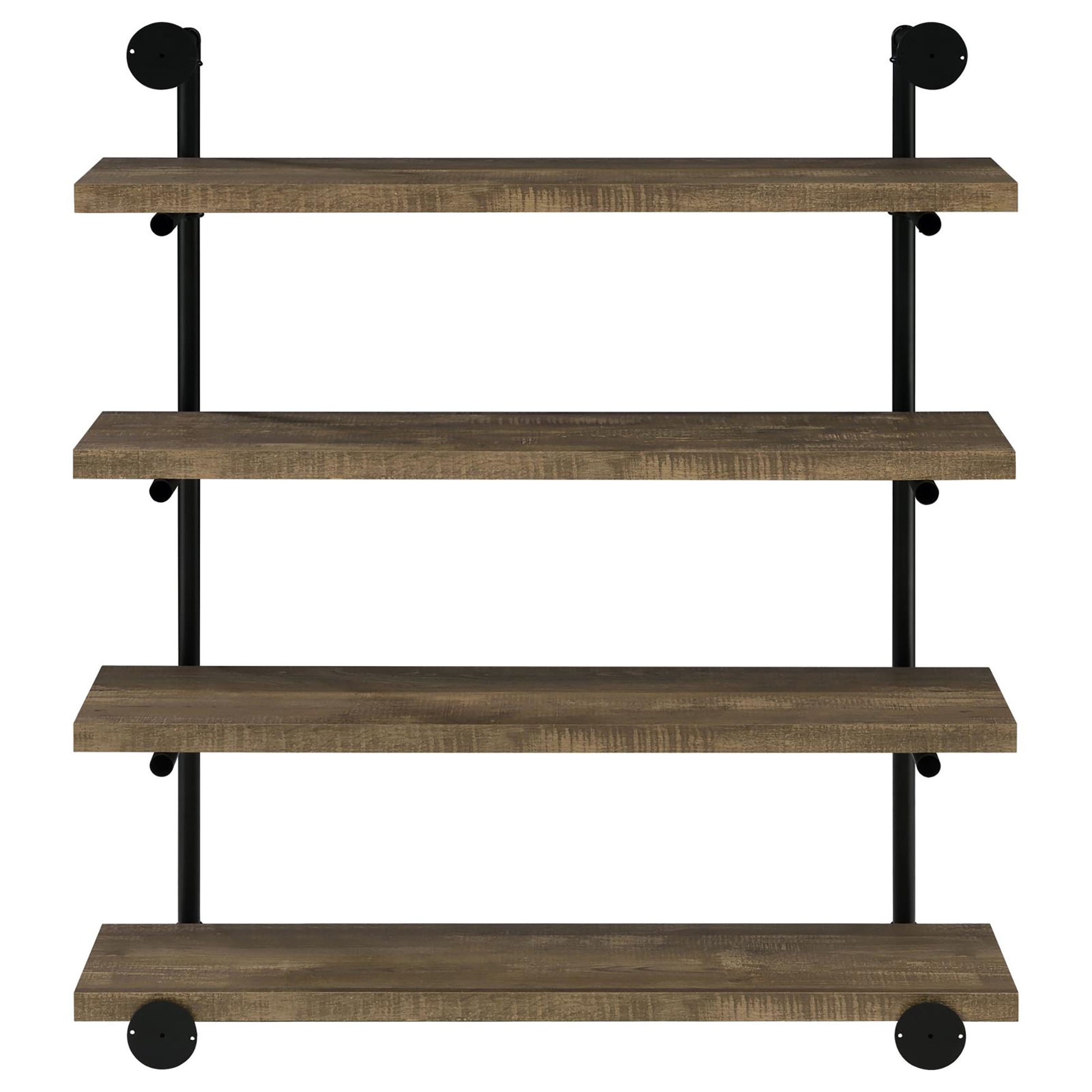Industrial pipe shelf with four rustic wood planks