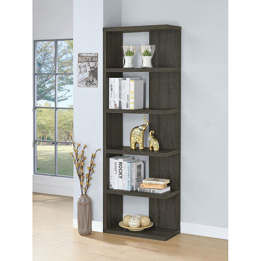 Dark grey fiveshelf bookcase with books and decor