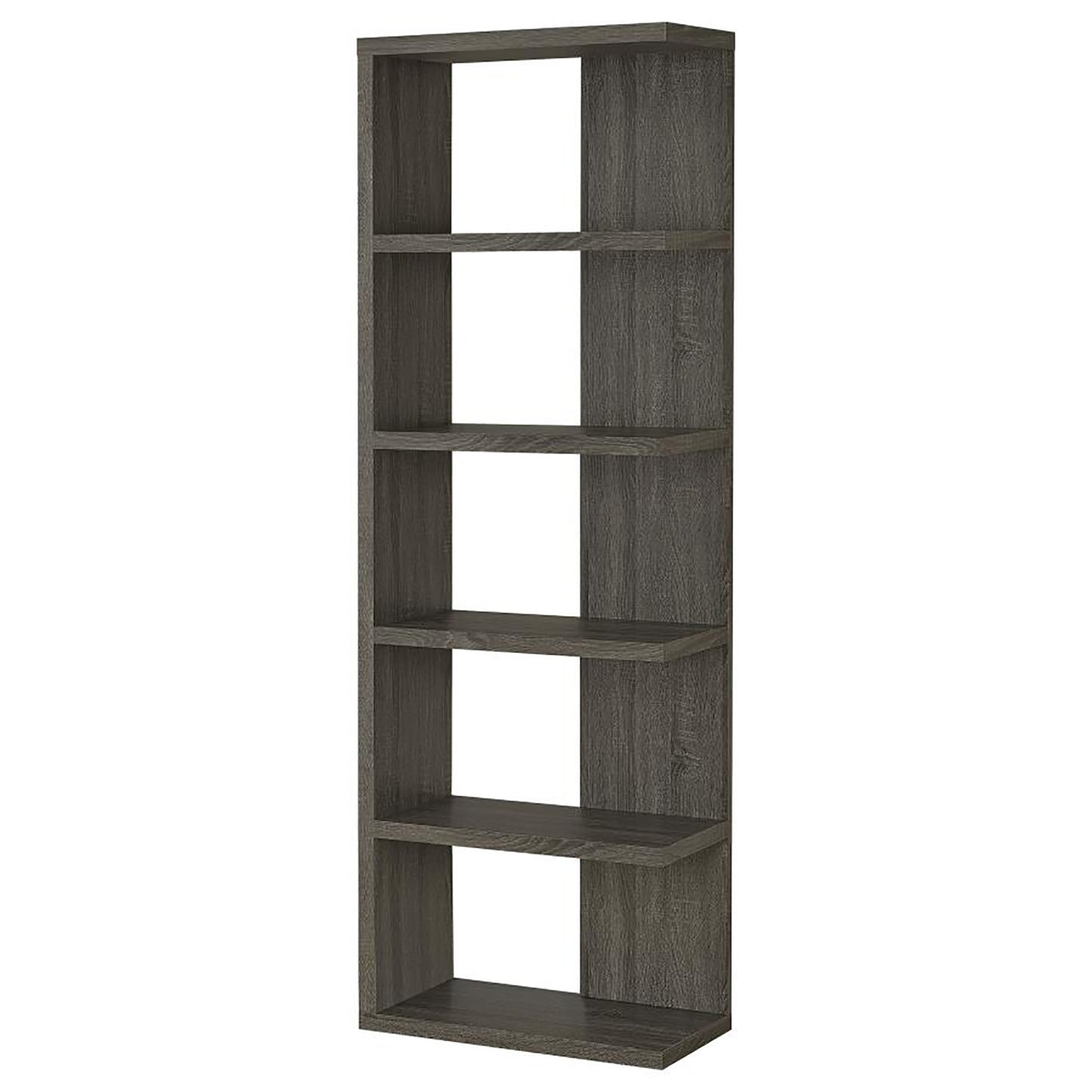 Tall narrow grey wood veneer bookshelf with five open cubbies for storage