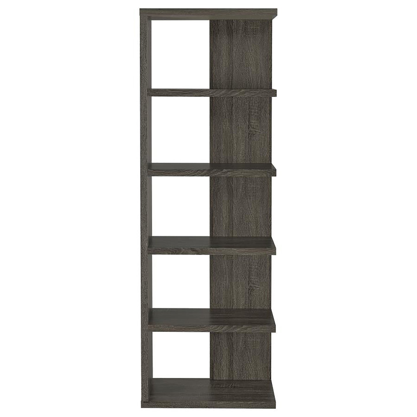 Tall narrow gray wood shelving unit with five open compartments for storage