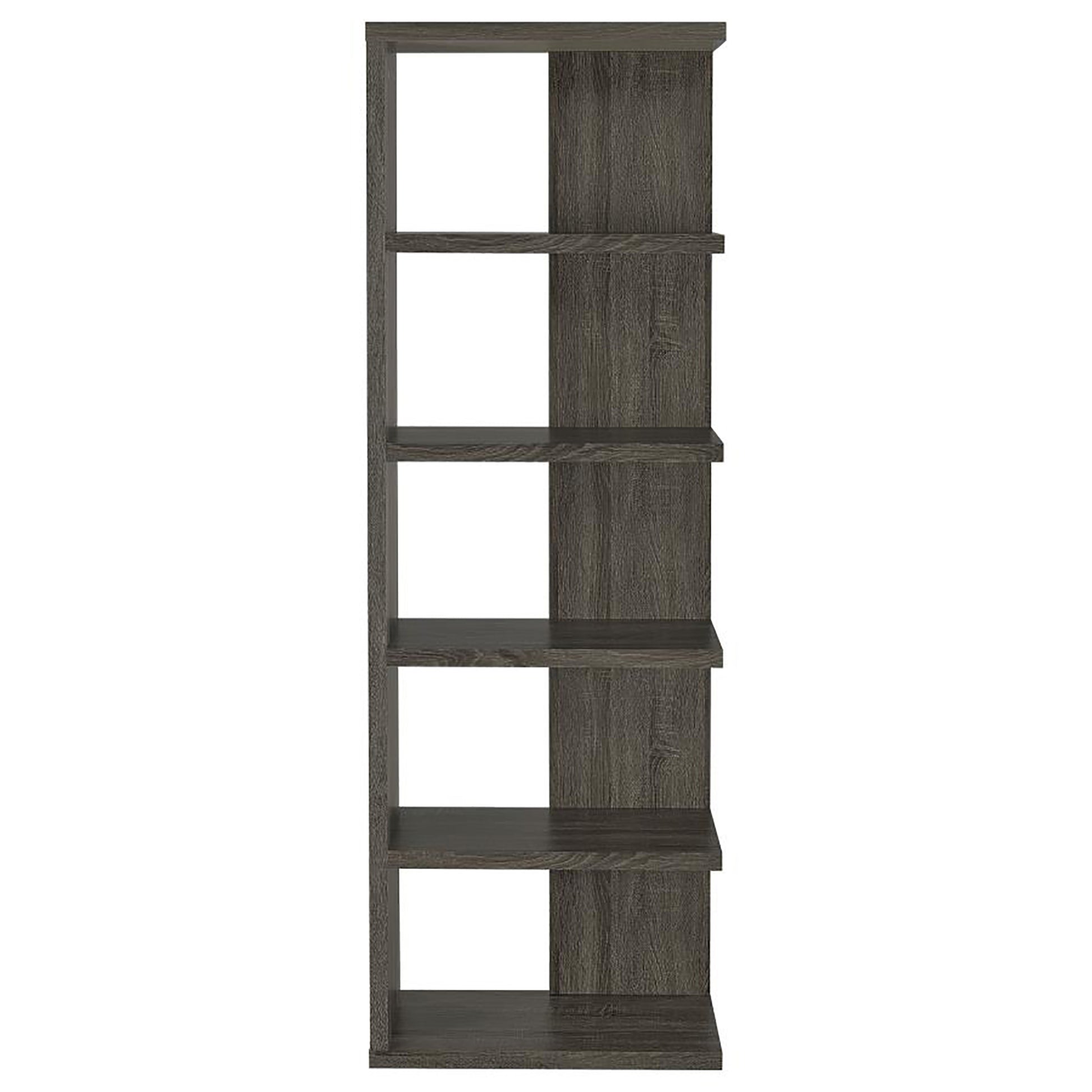 Tall narrow gray wood shelving unit with five open compartments for storage