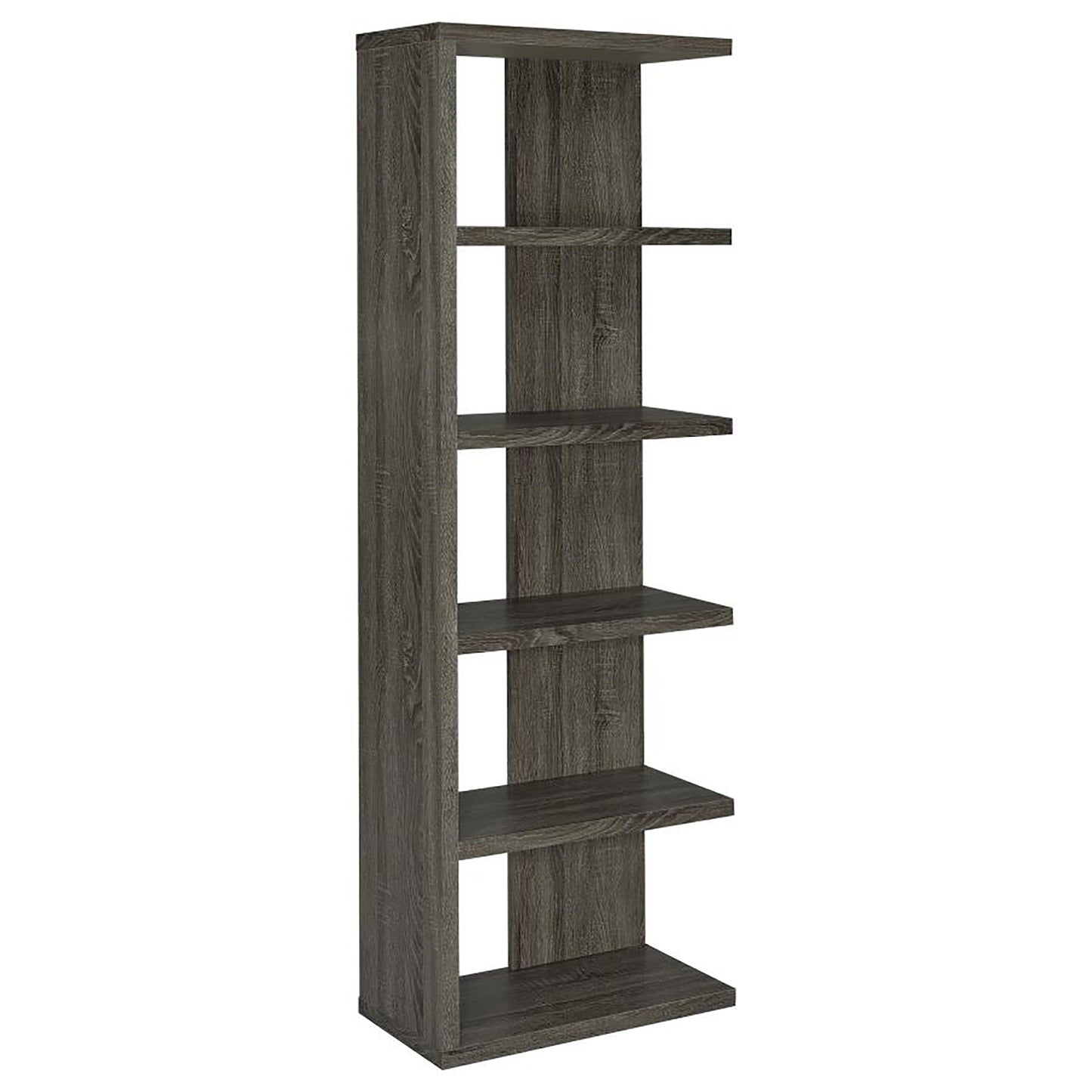Tall grey wood finish bookshelf with five staggered shelves