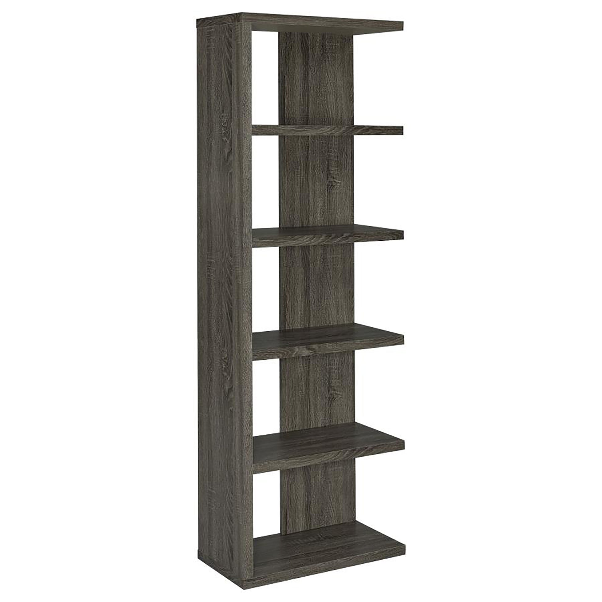 Tall grey wood finish bookshelf with five staggered shelves
