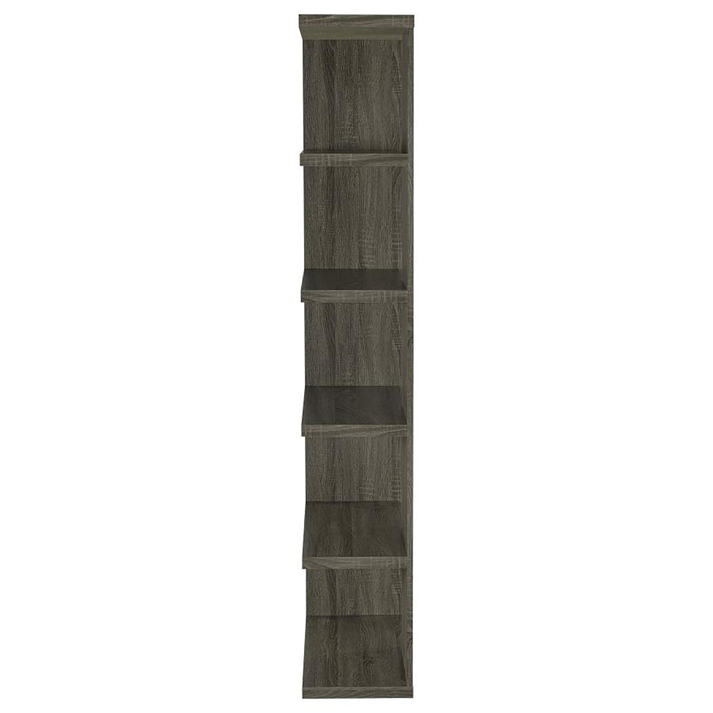 Tall grey wood veneer shelving unit with seven staggered shelves