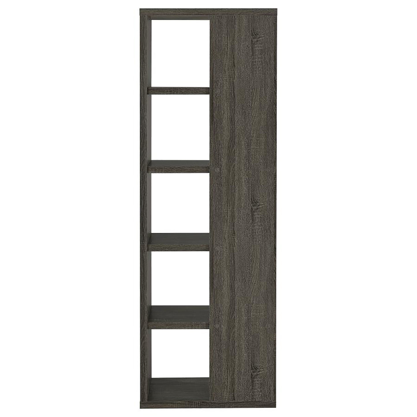 Tall gray wood bookshelf with five open shelves for storage
