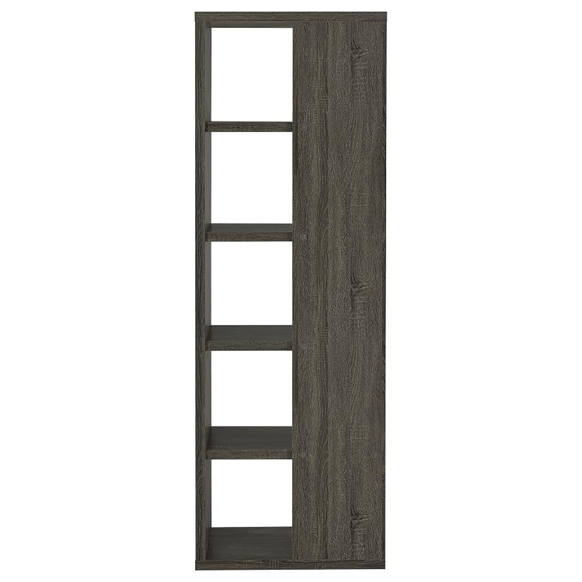 Tall gray wood bookshelf with five open shelves for storage