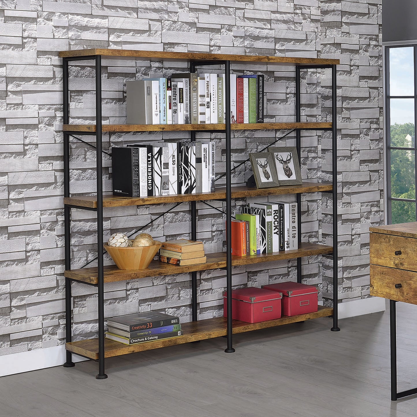 Industrial bookshelf with five rustic wood shelves and black metal frame