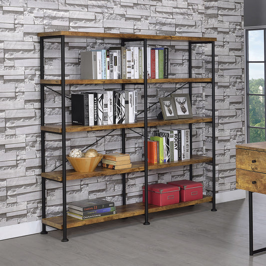 Industrial bookshelf with five rustic wood shelves and black metal frame