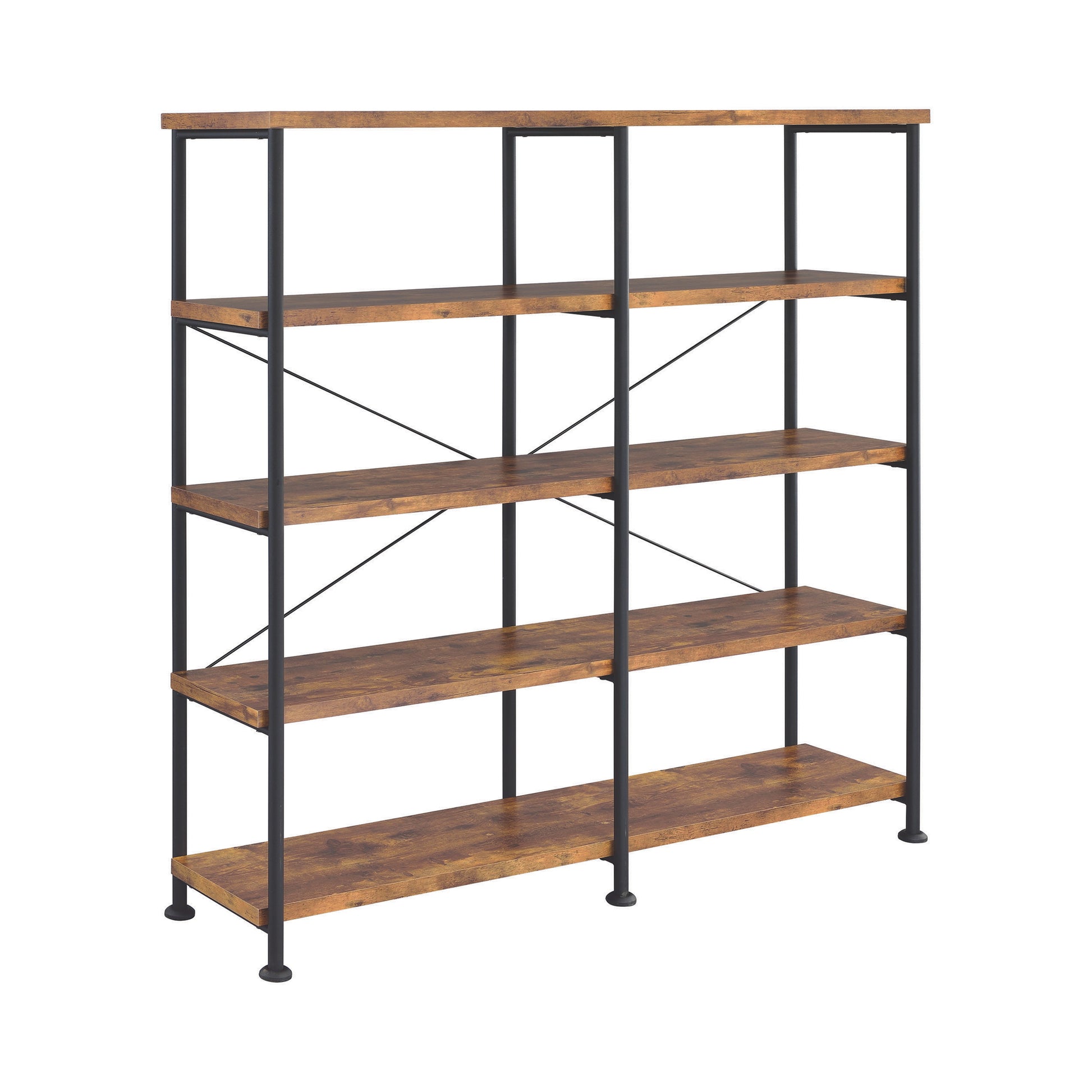 Rustic brown wooden bookshelf with black metal frame